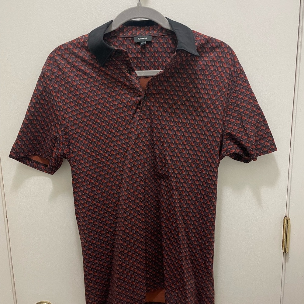 Express Men's Red Patterned Shirt with Black Collar